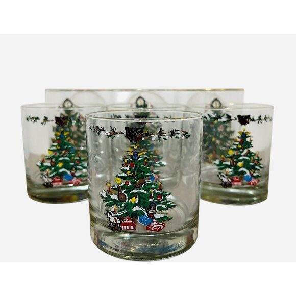 Vintage Set~7 CHRISTMAS TREE Crystal Tumbler 4 @ 3 1/2” 3 @ 4” Tall - Picture 1 of 5